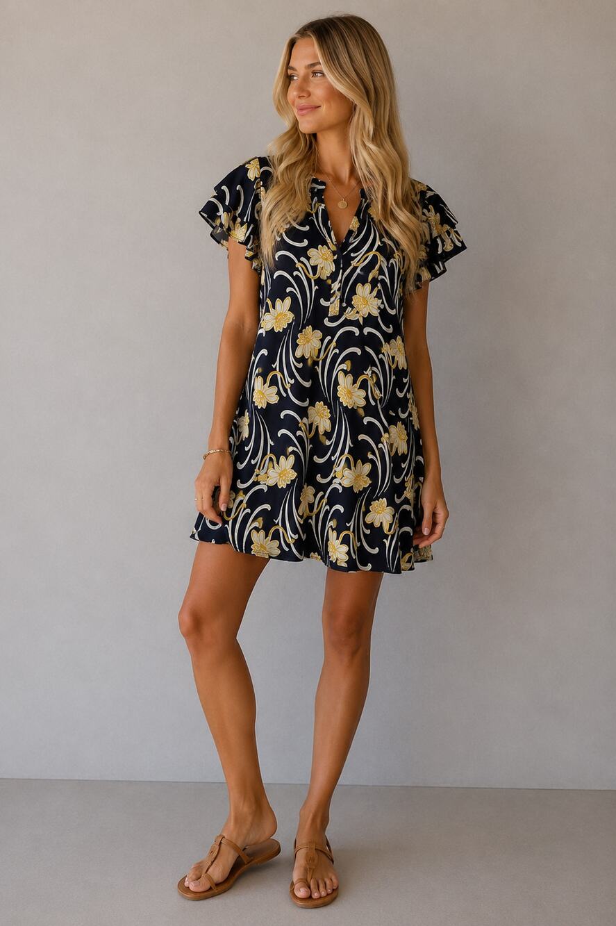 Ann Taylor Navy Blue Yellow Floral Mini Shift Dress Womens 2P Ruffled Sleeve